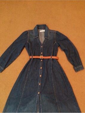 Zara Dark Blue Denim Midi Dress with Tan Belt